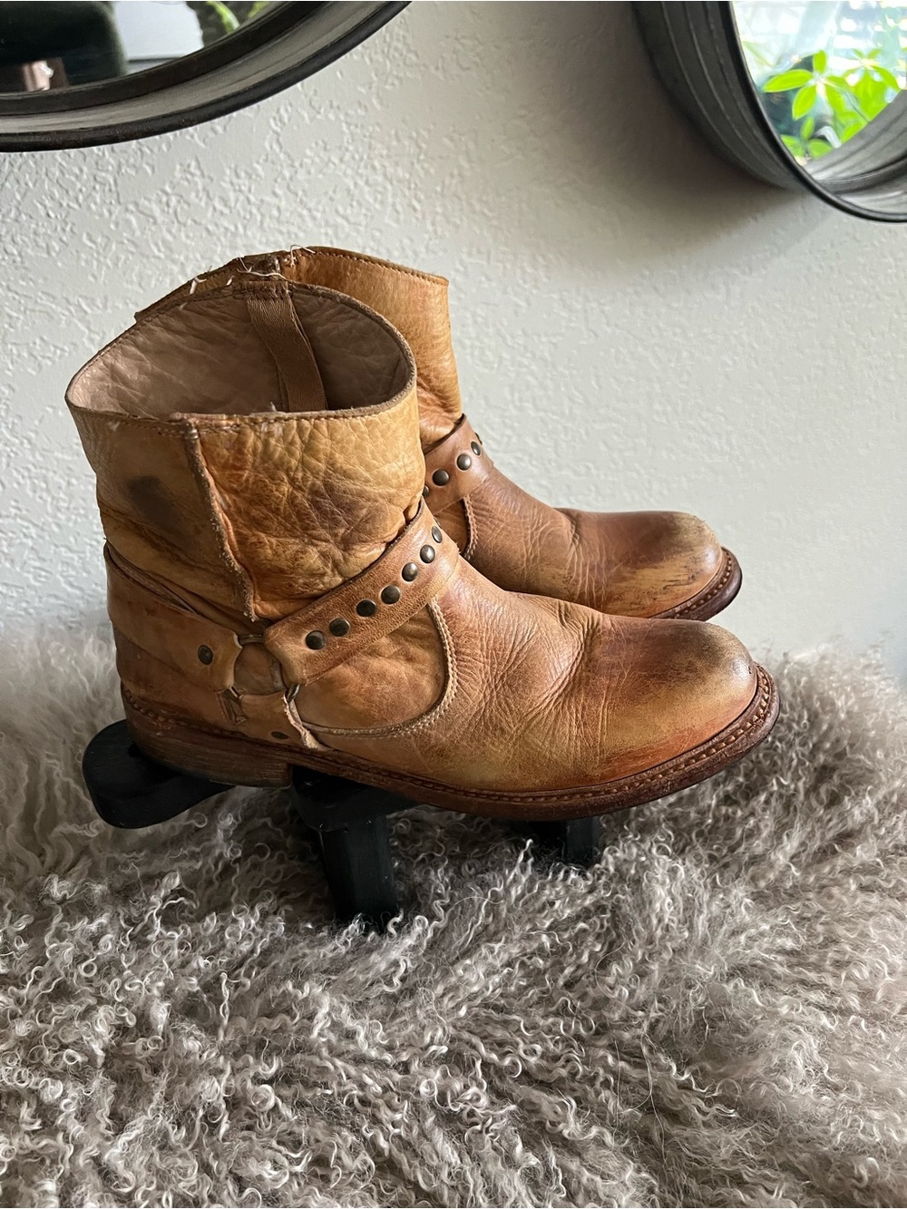 Bed Stu Distressed Tan Leather Studded Ankle Boots